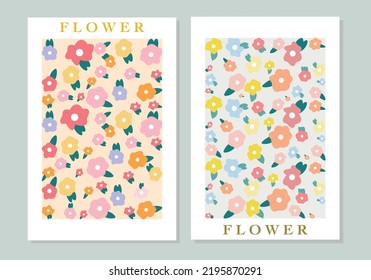 Vector illustration. Collection of spring flowers with leaves. Print with botanical elements. Posters for the cover of a notebook or book. Perfect as an invitation or business card for a store.