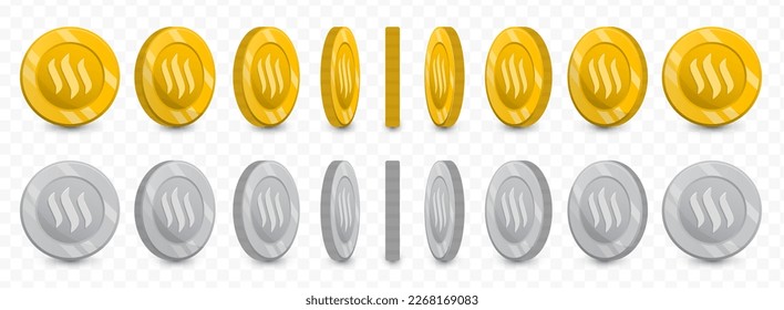 Vector illustration of a collection of Steem currency coins in gold colors and grayscale isolated on transparent background (PNG).