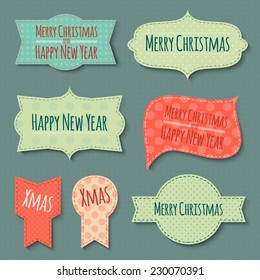 vector illustration. Collection of stickers with polka dot pattern and the text: Happy New Year and Merry Christmas