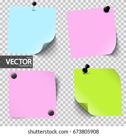 Vector illustration of an collection of sticky papers with pin needles showing transparency effect 