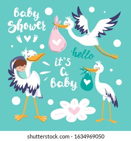 Vector illustration collection with a stork carries a baby and the inscription it's a baby on a blue background. Concept newborn for children and for a shower