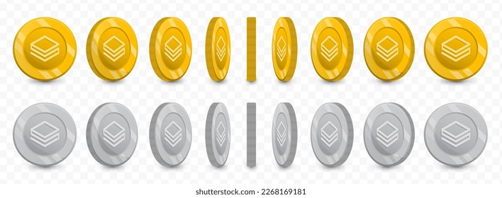 Vector illustration of a collection of Stratis currency coins in gold colors and grayscale isolated on transparent background (PNG).