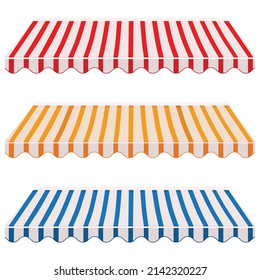 Vector illustration  collection of striped shop,store window awnings red, orange and blue. Awning, canopy icon