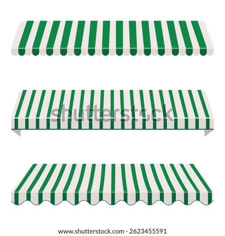 Vector illustration collection of striped white and green shop canopy, store window awnings. Cafe sunshade, store awning or roof with stripes isolated vector set