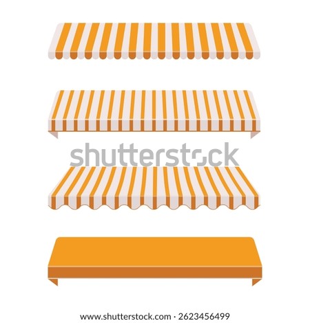Vector illustration collection of striped white and orange shop canopy, store window awnings. Cafe sunshade, store awning or roof with stripes isolated vector set