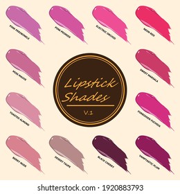 Vector illustration of a collection of strokes of lipsticks. Many colors and types of lipstick exist. Some lipsticks are also lip balms, to add both color and hydration.