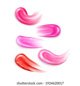 Vector illustration of a collection of strokes of liquid lipsticks, pink liquid lipstick on white background. Elements of the design of advertising posters, leaflets for the promotion of decorative co