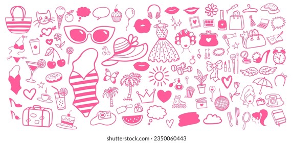 Vector illustration collection of summer lifestyle isolated pink doodles