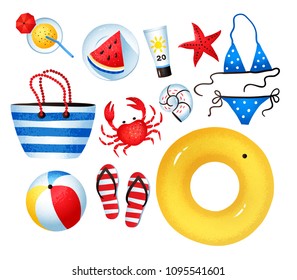 Vector illustration collection of summer vacation items isolated on white background.
