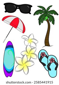 
vector illustration A collection of summer-themed elements including sunglasses, palm trees, surfboards, flowers and flip-flops