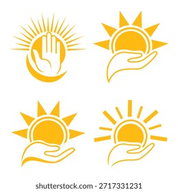 Ilustración vectorial colección de los iconos del sol y de la mano en amarillo encendido para los conceptos de la energía y de la protección