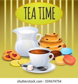 Vector illustration collection tea with milk pot and sweets for bakery decoration