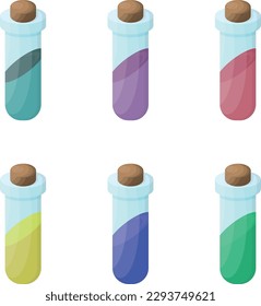 Vector illustration of collection of test tubes with chemical substances of different colors.
