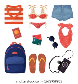 Vector illustration with collection of things in a backpack for a vacation in cartoon style. Women's clothing and bathing suit, glasses and a camera, shoes, travel documents credit cards and passport