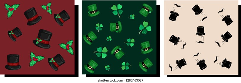 Vector illustration. Collection of three seamless patterns for holidays and parties. St. Patrick's day, Christmas. Great for  decor, wallpaper, gift wrap, fabric, flayer, poster.