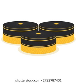 Ilustración vectorial colección de tres sombreros Songkok Recca de Bugis South Sulawesi. Conjunto tradicional de peci dorado y negro para atuendo de hombres musulmanes y diseño cultural islámico