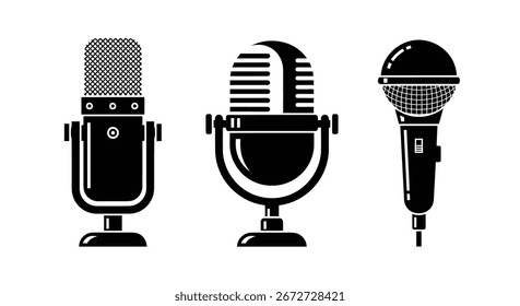 Vector illustration of collection of three vintage microphones