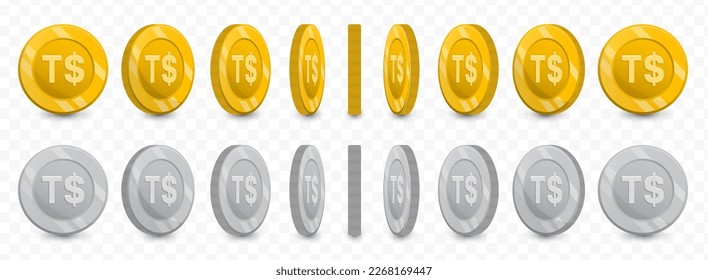 Vector illustration of a collection of Paʻanga Tonga currency coins in gold colors and grayscale isolated on transparent background (PNG).
