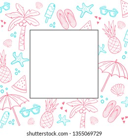 Vector illustration with collection of traditional beach things. Drawn art sign. Cute handmade poster with free place for your text. Great basic for flyer, banner, party invitation, postcard, card.