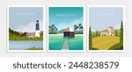 Vector illustration. Collection of travel posters. Modern design. Postcards, banners, covers. Maldives, Italy, Tuscany, Cape Cod.