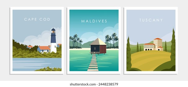 Ilustración vectorial. Colección de carteles de viaje. Diseño moderno. Postales, Anuncios, portadas. Maldivas, Italia, Toscana, Cabo Cod.