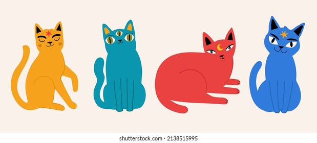 Vector illustration collection with trendy colored cats.  Cute print designs, domestic animal set with abstract elements