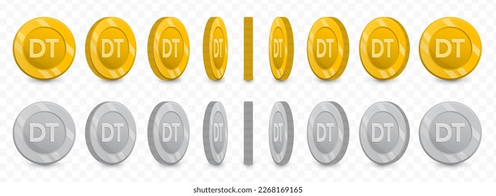 Vector illustration of a collection of Tunisia Dinar currency coins in gold colors and grayscale isolated on transparent background (PNG).