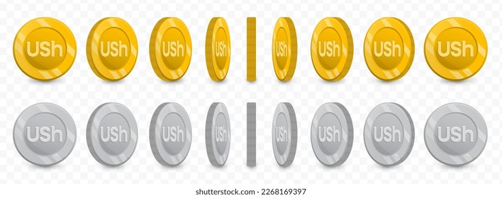 Vector illustration of a collection of Ugandan Shilling currency coins in gold colors and grayscale isolated on transparent background (PNG).