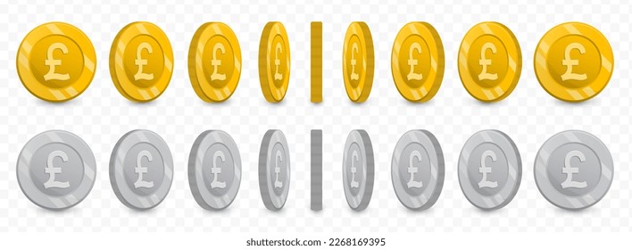 Vector illustration of a collection of UK Pound currency coins in gold colors and grayscale isolated on transparent background (PNG).