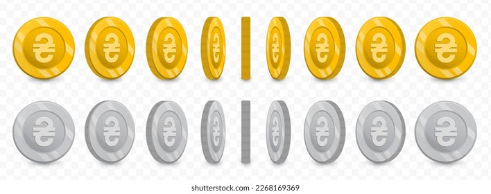 Vector illustration of a collection of Ukrainian hryvnia currency coins in gold colors and grayscale isolated on transparent background (PNG).