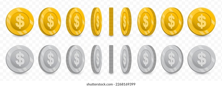 Vector illustration of a collection of US Dollar America currency coins in gold colors and grayscale isolated on transparent background (PNG).