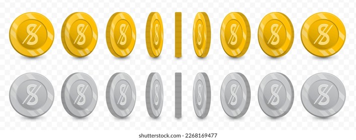 Vector illustration of a collection of Uzbekistani sum currency coins in gold colors and grayscale isolated on transparent background (PNG).