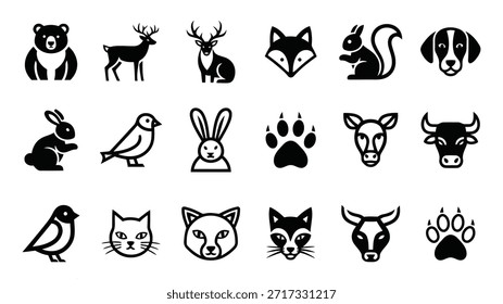 Vector illustration collection of various animal faces and paw prints in black silhouette
