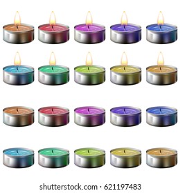 Vector illustration of a collection of various candles in a realistic style, isolated on a transparent background