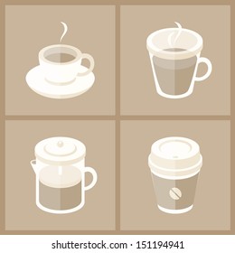 Vector illustration collection of various coffee cups in modern flat design. Isolated on brown background