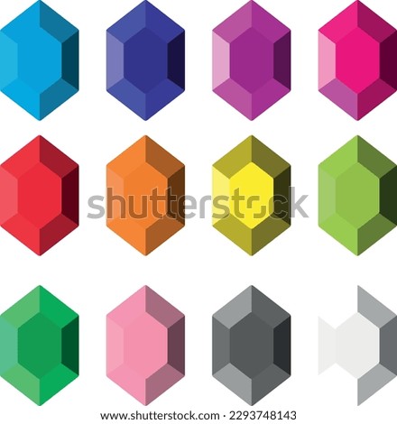 Vector illustration of a collection of various precious stones of different colors, in hexagonal shapes. Colored diamonds.
