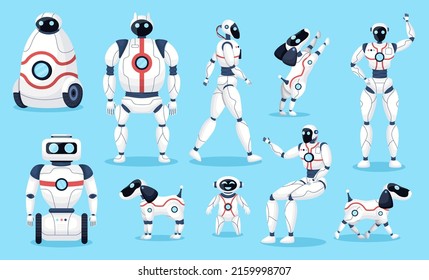 Vector illustration of collection of various robots in shape of human and dog on blue background