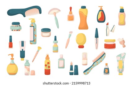 Vector illustration of collection of various skin care cosmetic products and beauty accessories on white background