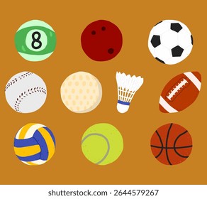 Vector illustration collection of various sports balls including soccer, basketball, volleyball, tennis, baseball, rugby, and more. Great for sport themed designs, educational materials, and athletic