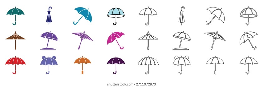 Vektorgrafik-Kollektion verschiedener Regenschirm-Designs, darunter farbenfrohe und umrissene Stile für Regenschutz und Wetter.