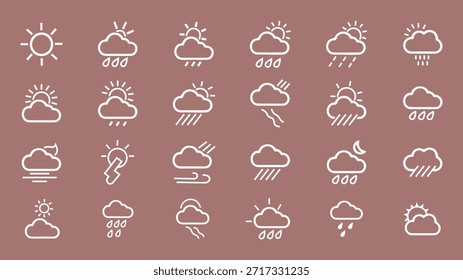 Ilustración vectorial colección de varios íconos de Clima sobre fondo malva para pronósticos y símbolos climáticos