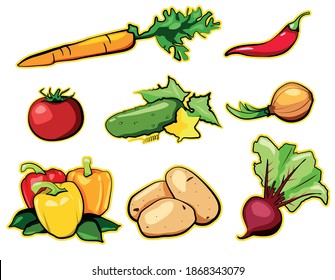 Vektorgrafik-Kollektion von Gemüsesorten - Karotten, Chilischoten, Tomaten, Gurken, Paprika, Kartoffeln und Rüben