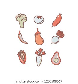 Vector illustration of a collection of vegetables in a doodle cartoon style. Broccoli, tomato, cucumber, chili pepper, eggplant, beetroot, corn, carrot, avocado isolated.