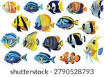 Vector illustration collection of vibrant tropical coral reef fish isolated on a white background. Colorful marine life set featuring exotic exotic angelfish, clownfish, and surgeonfish for graphic design, educational material, stickers, and summer decorations.