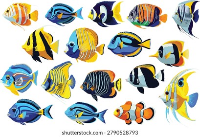 Vector illustration collection of vibrant tropical coral reef fish isolated on a white background. Colorful marine life set featuring exotic exotic angelfish, clownfish, and surgeonfish for graphic design, educational material, stickers, and summer decorations.