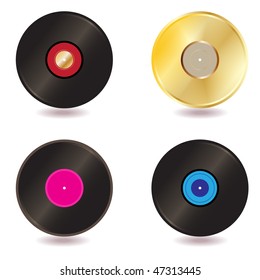 Vektorgrafik - Illustration einer Kollektion von Vinylplatten und goldener CD