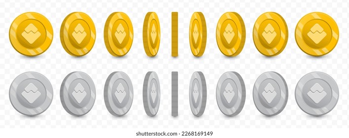 Vector illustration of a collection of Waves currency coins in gold colors and grayscale isolated on transparent background (PNG).