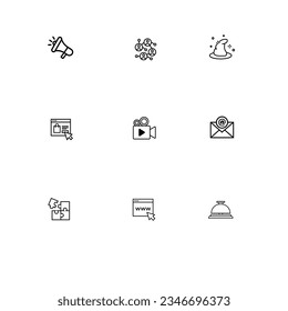 vector illustration of a collection of website icons, catalogs, mail, puzzles, cameras, magic hats, networking, speakers, and others. line drawing style. black and white color.