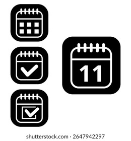 Vector illustration of collection of white calendar icons on black background with rounded ends for websites and graphic resources. Flat calendar icon with specific day marked, day 11.