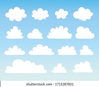 Vektorillustration mit einer Kollektion von weißen Wolken auf blauem Hintergrund im Cartoon-Stil.
